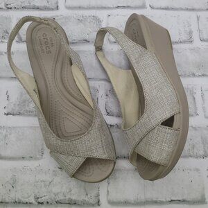 Crocs Leigh Ann Slingback Wedge Oyster Linen Shimmer Dual Comfort Women's Size 6
